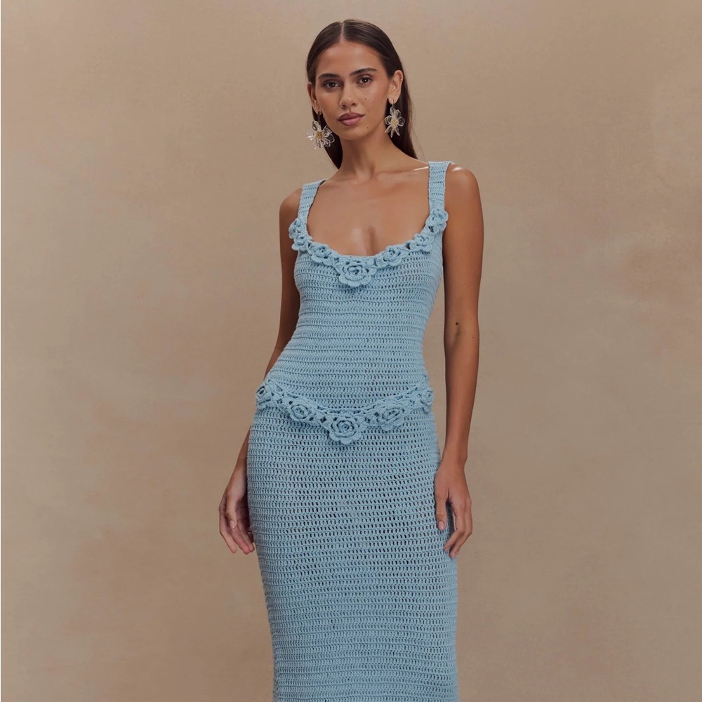 Meshki Blue Crochet Midi Dress
